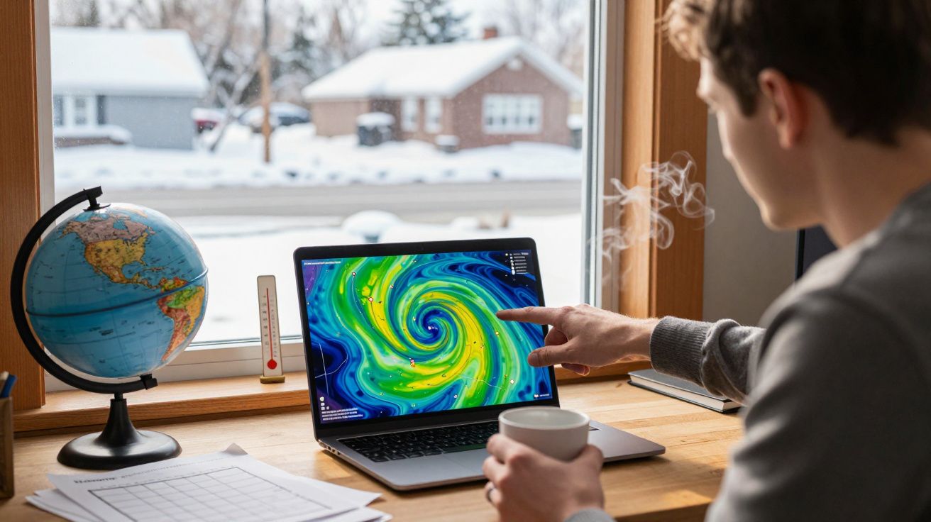 Persona observando un mapa meteorológico en una computadora portátil, al lado de un globo terráqueo y una ventana nevada.