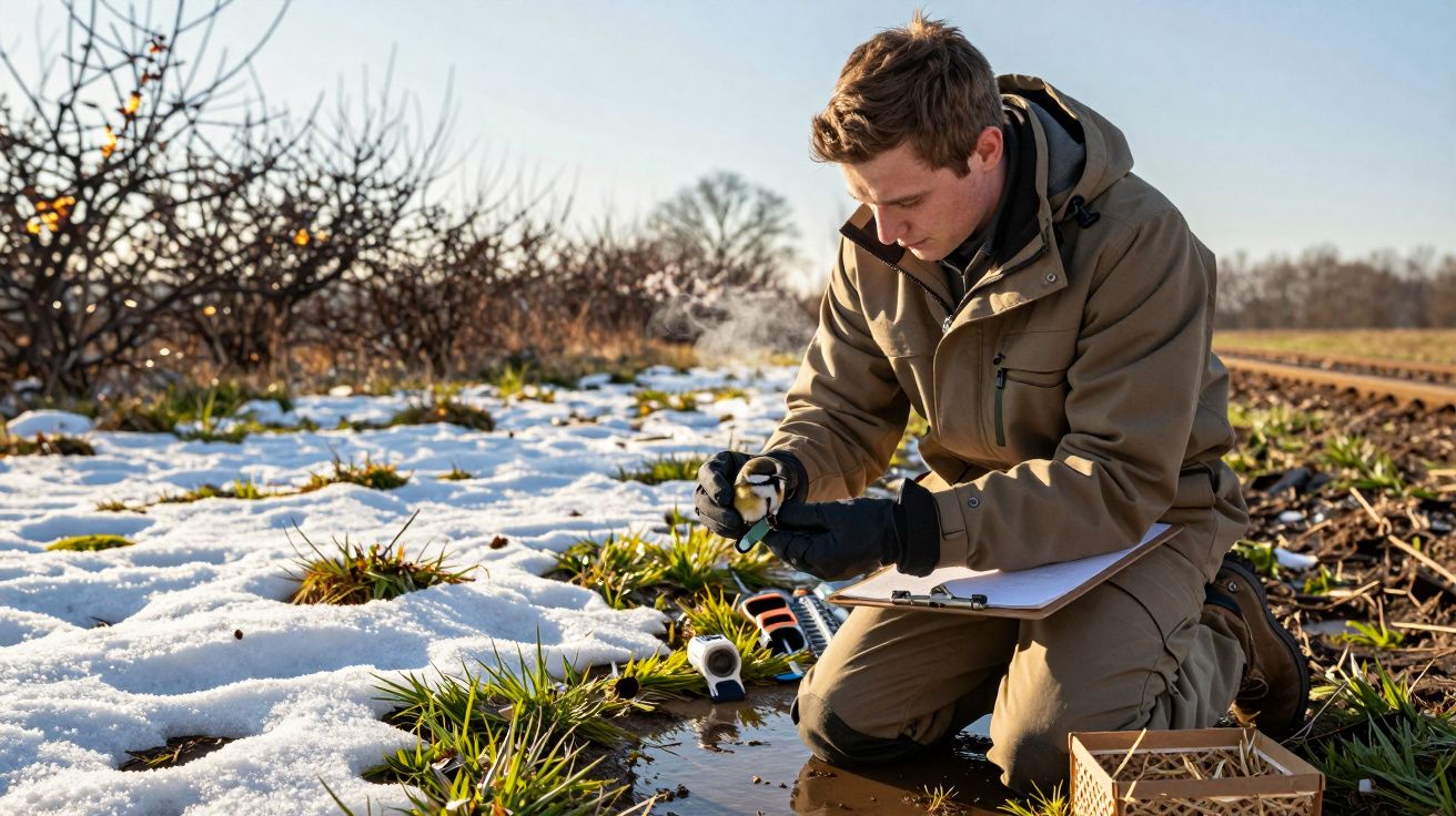Un hombre de rodillas estudia un objeto en un campo nevado, con una tabla de escritura y herramientas a su lado.