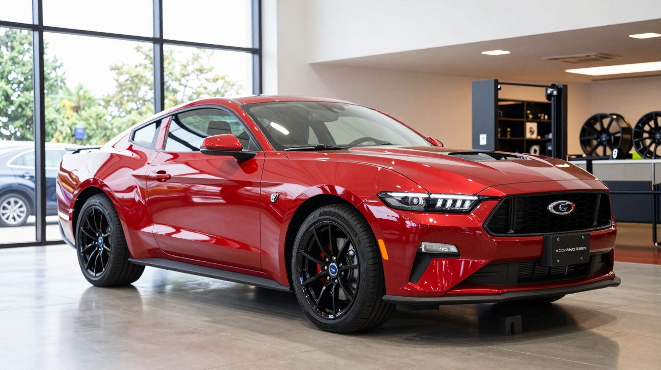 Coche deportivo rojo en exposición, con llantas negras y fondo de concesionario moderno.