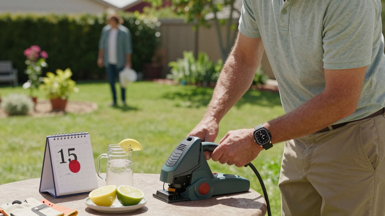Hombre usando una lijadora eléctrica en jardín, mesa con limones y jarra, calendario muestra día 15.