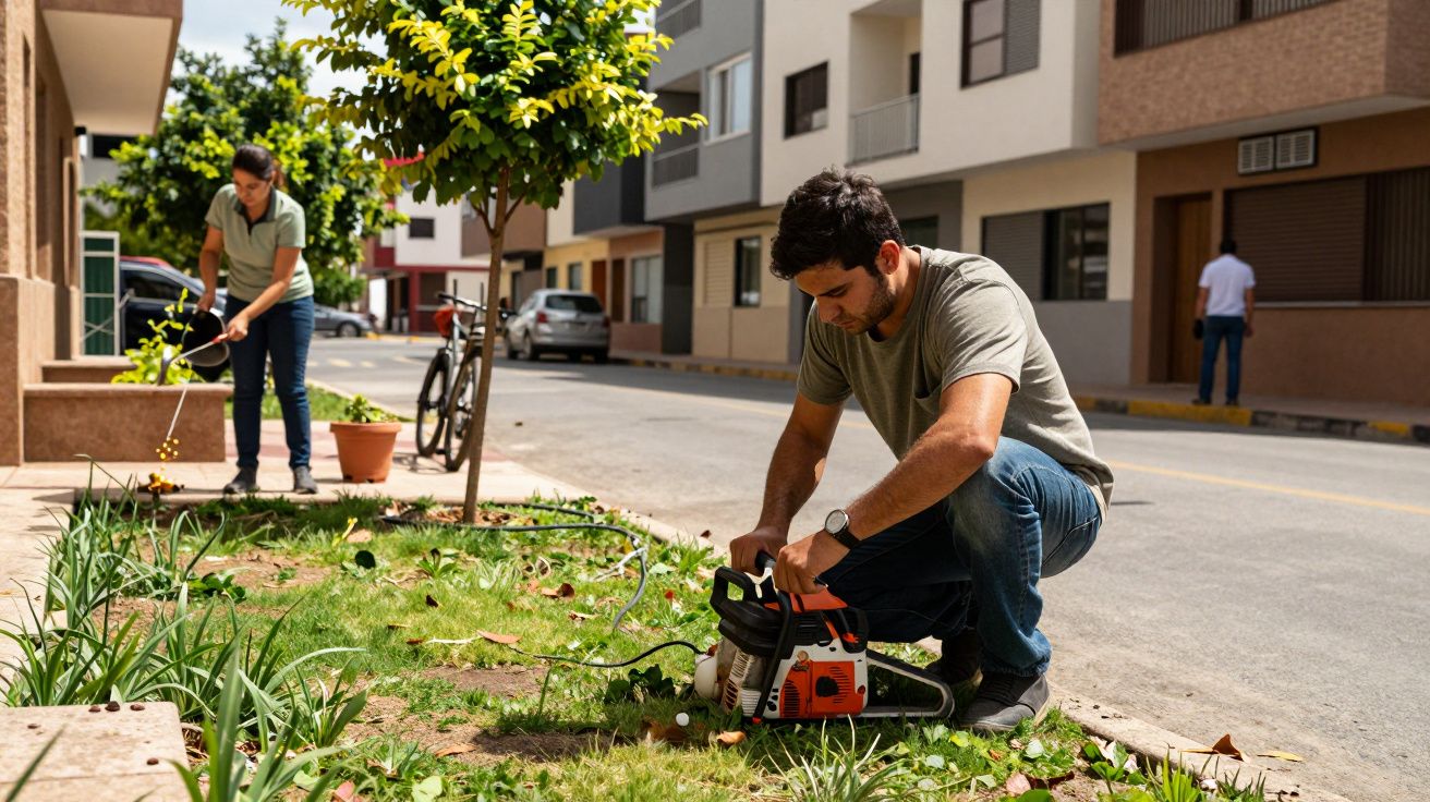 Hombre utilizando una cortadora de césped en un jardín, mientras una mujer riega plantas al fondo en un vecindario.