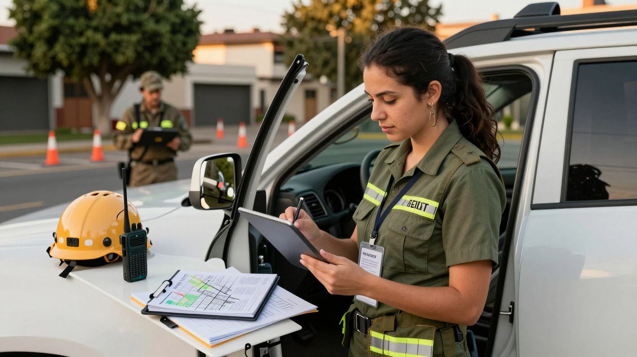 Mujer en uniforme revisando tablet frente a coche abierto, con equipo y documentos, fondo de calle y conos naranjas.