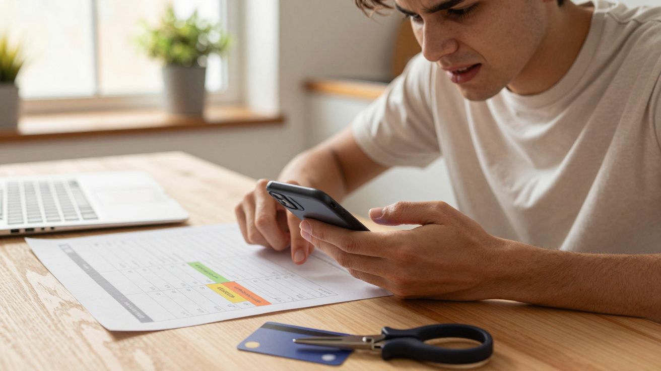 Joven sentado en una mesa, mirando su móvil, con un portátil, tijeras y un documento sobre la mesa.