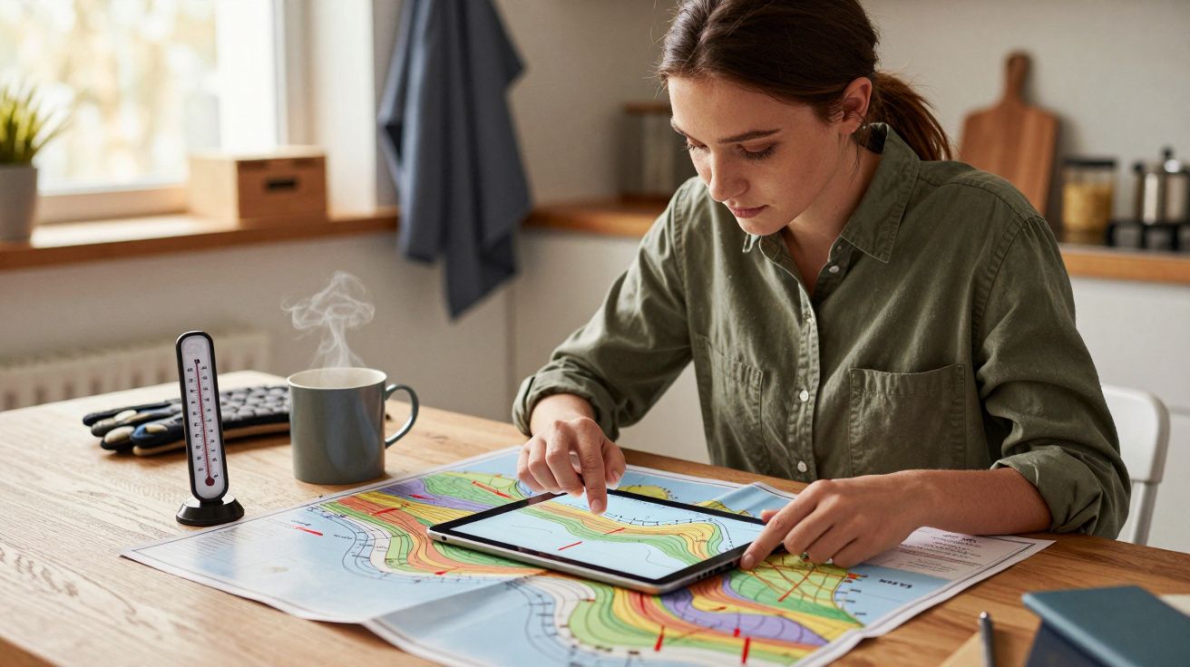 Mujer concentrada usando una tablet sobre un mapa en una mesa de madera, con una taza de café y un termómetro cerca.