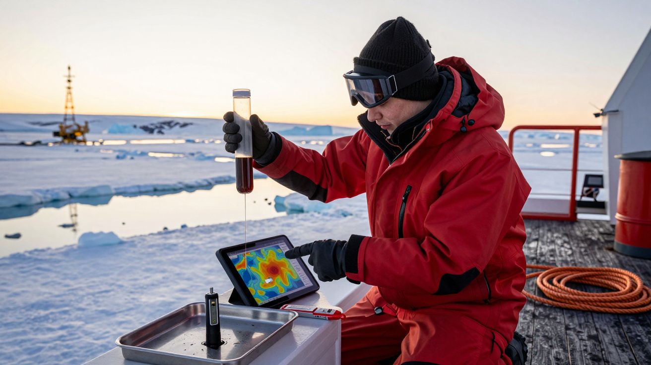 Científico en traje rojo analiza una muestra en el Ártico, con tablet y hielo en el fondo.