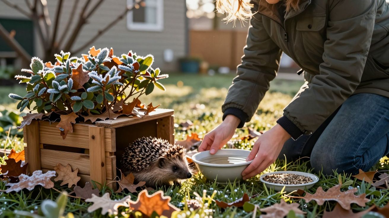 Erizo saliendo de una caja de madera rodeado de hojas secas, mientras una persona coloca agua y comida cerca.