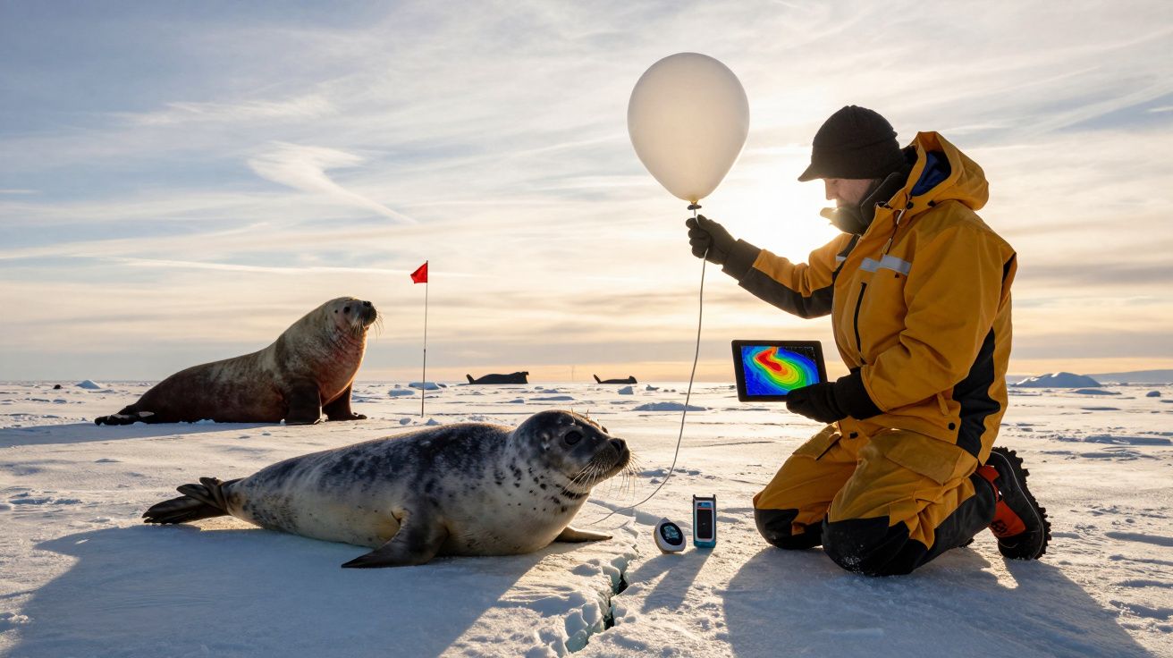 Persona en traje ártico con una foca, sosteniendo globo meteorológico y tableta en un paisaje helado.