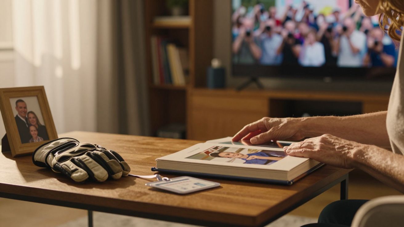 Persona hojea un álbum de fotos en una mesa con un guante, una tarjeta y un marco con fotografía familiar.