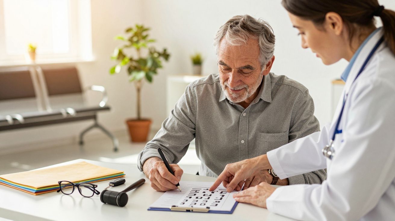 Hombre mayor realiza test de visión en consulta médica junto a doctora que señala el papel; hay gafas y otoscopio en la mesa.