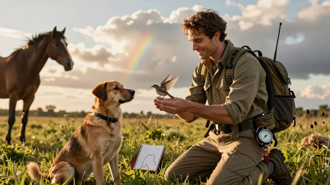 Hombre arrodillado en un campo sostiene un pájaro frente a un perro; un caballo y un arcoíris al fondo.