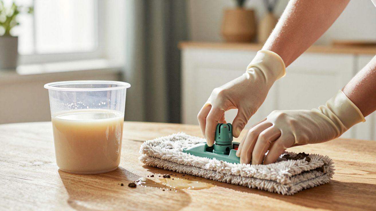 Manos con guantes limpiando una mesa de madera con un paño y líquido derramado al lado.
