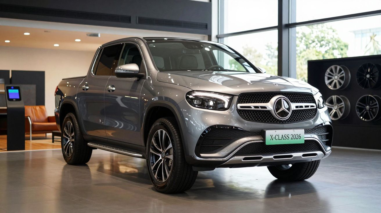 Camioneta Mercedes-Benz gris expuesta en un salón de automóviles con llantas de exhibición en el fondo.