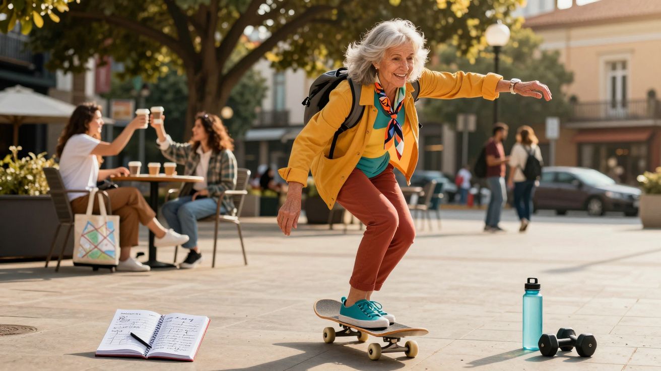 Mujer mayor en monopatín sonríe en plaza, mientras dos personas en el fondo brindan con café; hay una libreta y pesas en el s