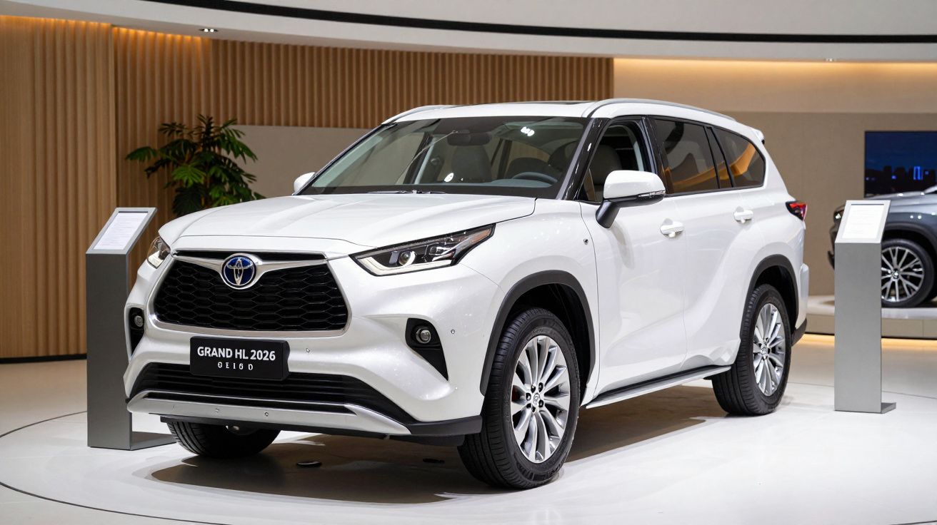 SUV Toyota blanco expuesto en un salón de automóviles, vista delantera lateral.