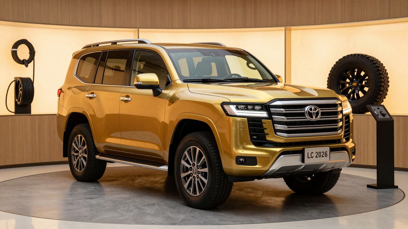 Todoterreno dorado en exhibición, con diseño moderno y robusto, rodeado de accesorios automovilísticos en un showroom ilumina