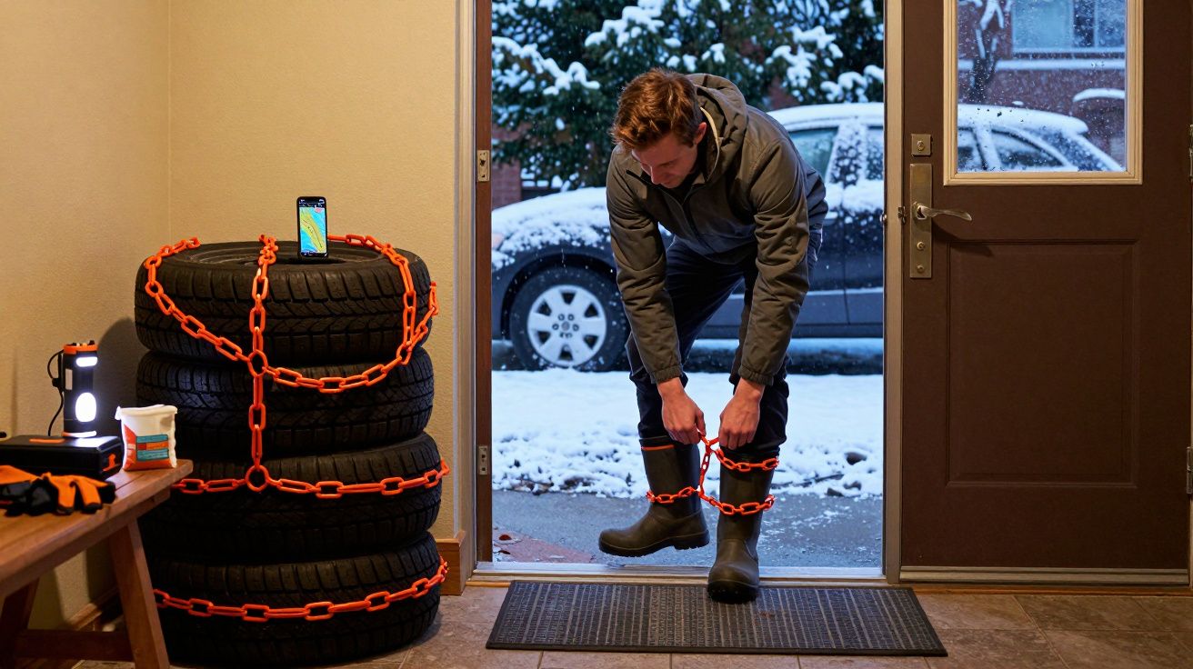 Hombre se pone cadenas rojas en las botas, junto a neumáticos encadenados, mientras nieva afuera.