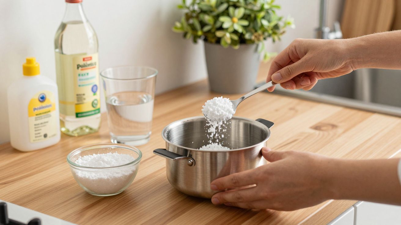 Mano vertiendo copos de soda cáustica en una olla pequeña sobre una encimera, junto a botellas y un vaso de agua.