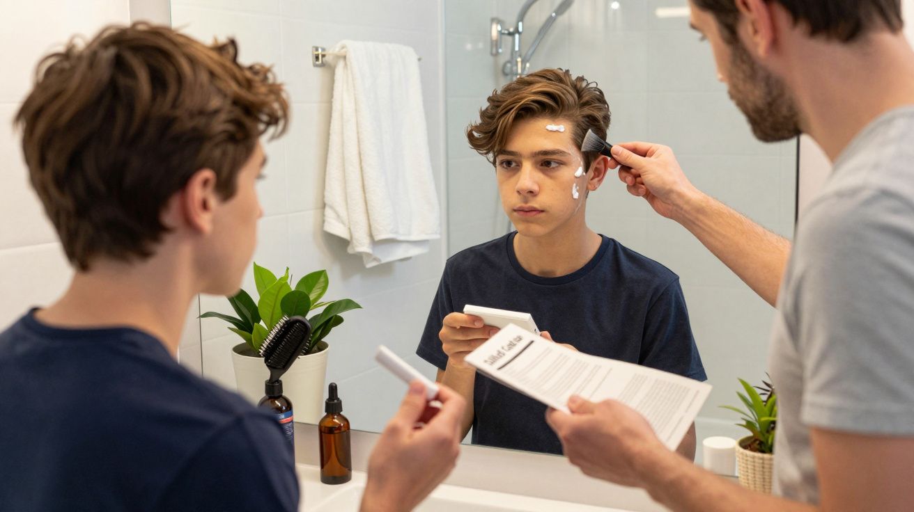 Adolescente frente al espejo aplicándose tratamiento de piel con la ayuda de un adulto. Productos de cuidado en el lavabo.