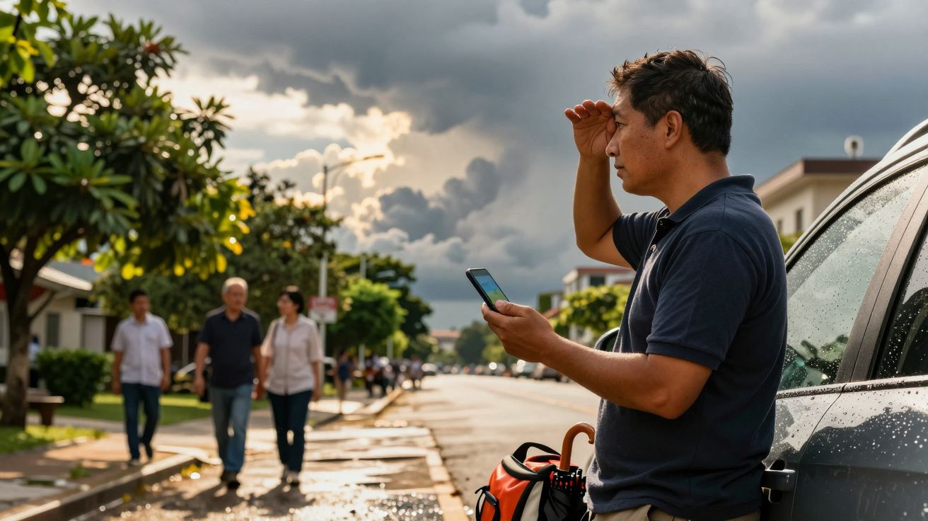 Hombre de pie junto a un coche, mirando su móvil al atardecer con nubes oscuras en el cielo.