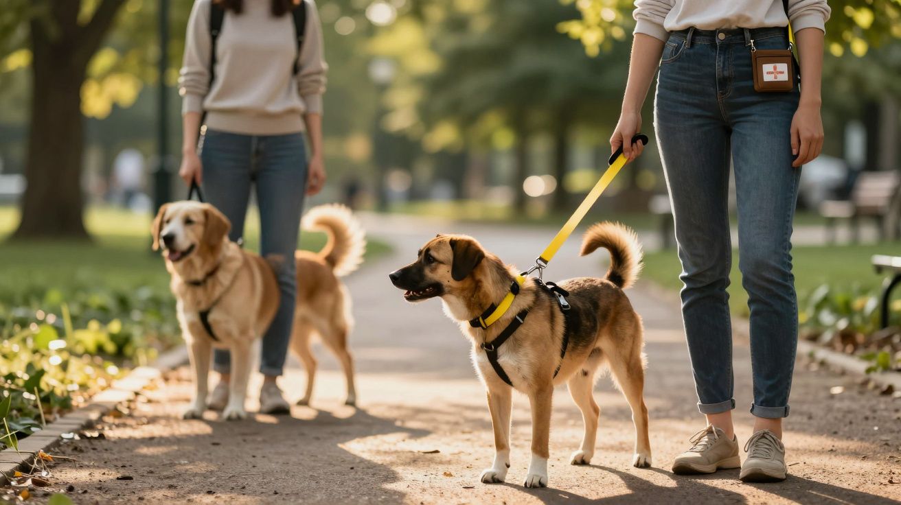 Dos personas pasean perros con arneses amarillos en un parque soleado con árboles y bancos.