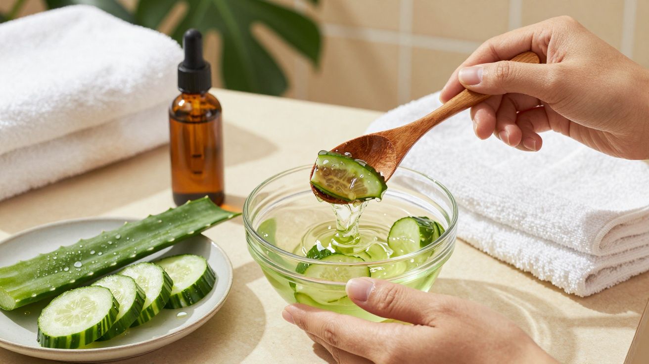 Manos mezclando rodajas de pepino en un bol de cristal, con toallas y botella de vidrio en el fondo.