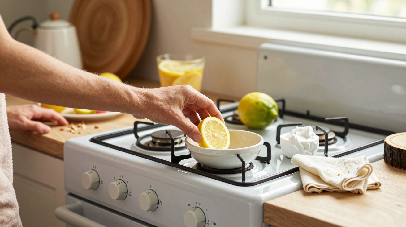 Persona exprimiendo un limón sobre un cuenco en una cocina, con frutas y taza cerca de la ventana.