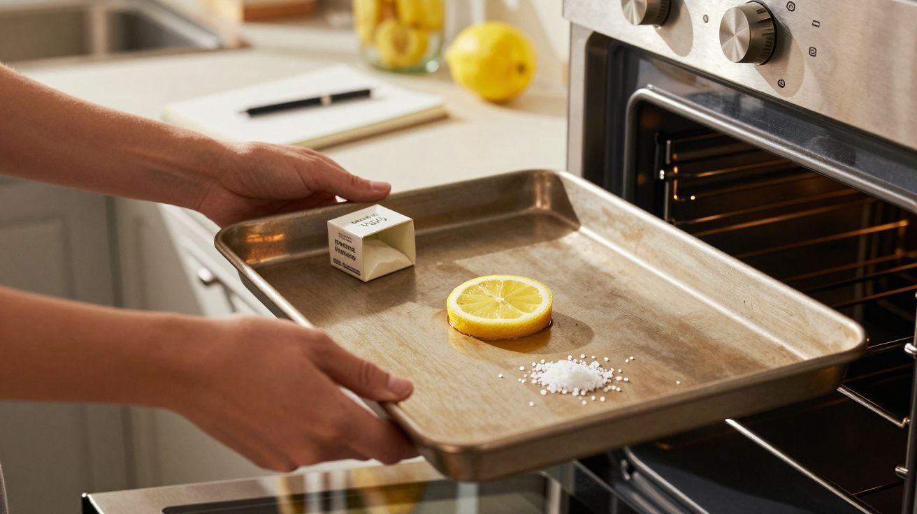 Manos colocando una bandeja en el horno con una rodaja de limón, un trozo de mantequilla y sal.