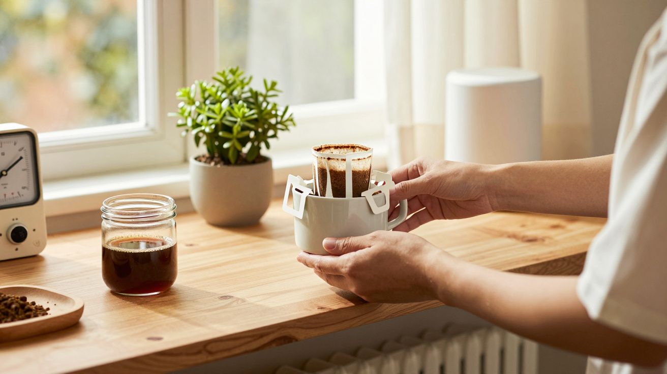 Persona preparando café filtrado en una cocina luminosa con plantas y jarra de cristal sobre la mesa de madera.