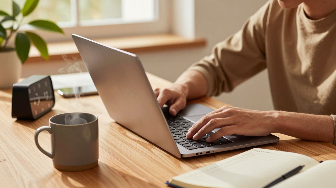Persona tecleando en un portátil sobre una mesa de madera con una taza de café, reloj y libreta.