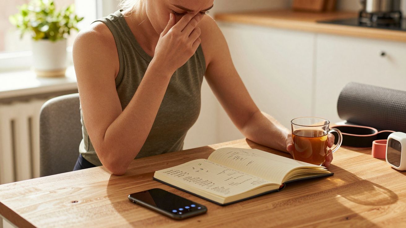 Mujer cansada se toca la frente mientras mira una agenda, con un vaso de té en la otra mano, sentada en una mesa de cocina.