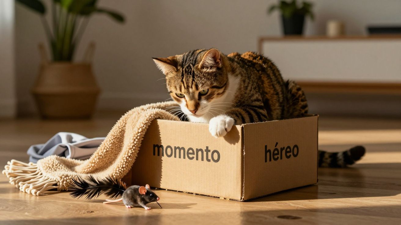 Gato en una caja de cartón que dice "momento héroe", observando un juguete de ratón sobre el suelo.