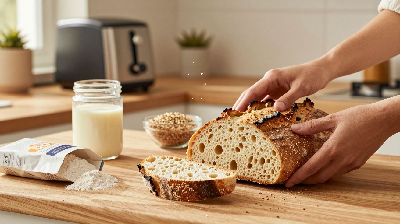Manos cortando pan artesanal en una cocina, junto a un frasco de leche, un cuenco de cereales y harina.