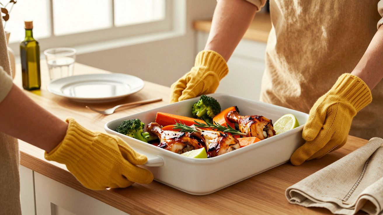 Dos personas con guantes sirven una bandeja de pollo asado con verduras en una cocina luminosa.