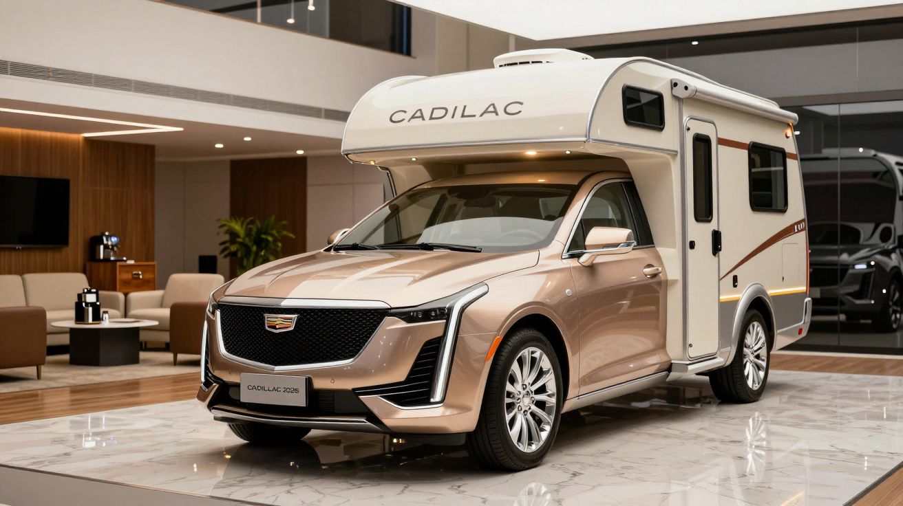 Autocaravana Cadillac dorada exhibida en un espacio moderno con suelos de mármol y muebles elegantes.