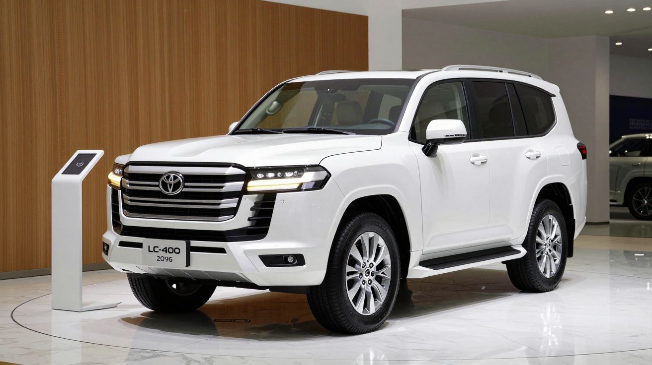 SUV blanco Toyota LC-400 2096 expuesto en un salón con paneles de madera y stand informativo a la izquierda.