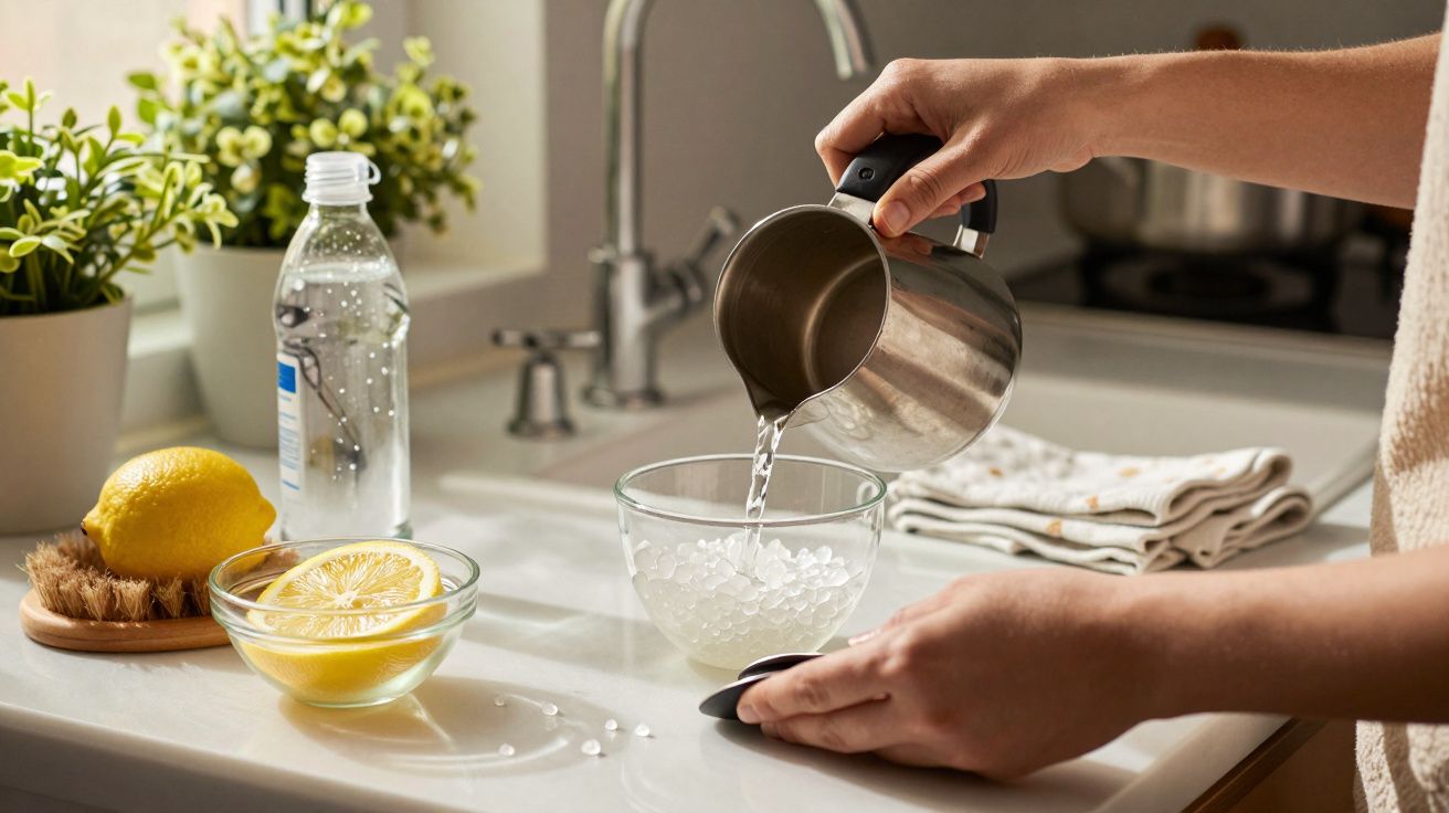 Manos vertiendo agua en un bol con perlas de gel sobre la encimera, junto a un limón y plantas.