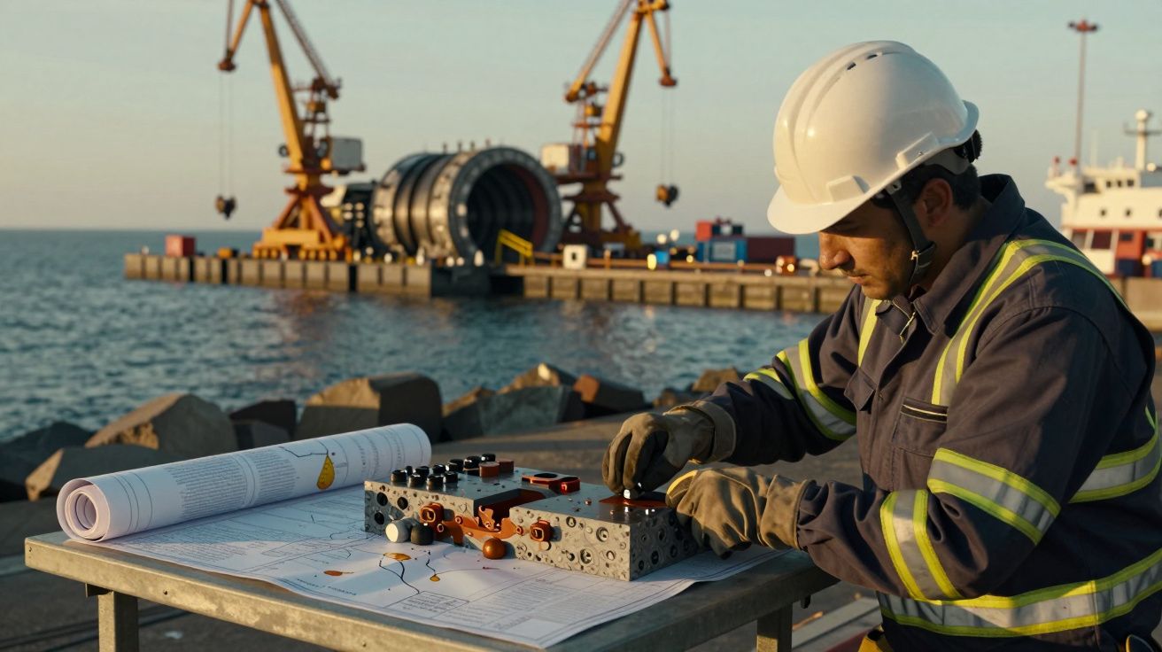 Trabajador con casco revisa planos y equipo en el puerto, con grúas y mar de fondo.