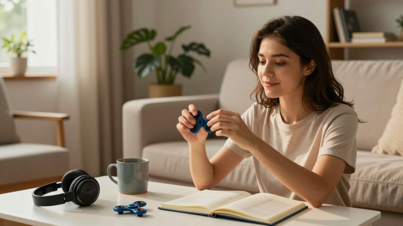 Mujer joven en casa, con un fidget spinner azul, al lado de libro abierto, auriculares y taza en la mesa.