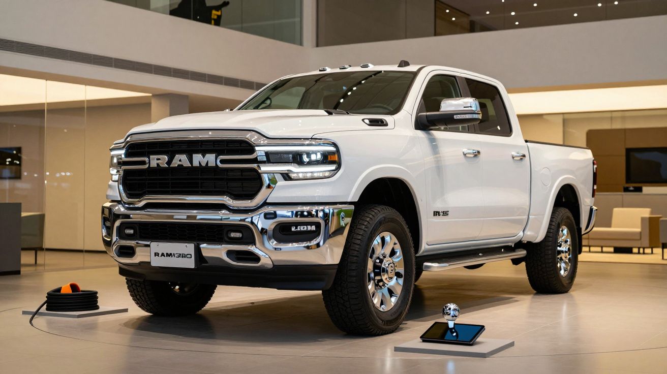Camioneta blanca RAM 2500 en exhibición dentro de un showroom de coches, con una decoración moderna y minimalista.