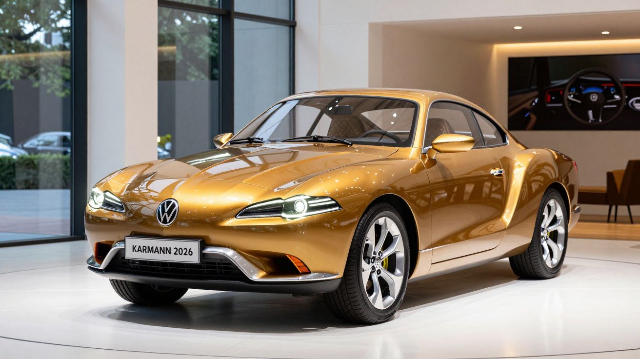 Coche deportivo Volkswagen Karmann 2026 dorado expuesto en un salón moderno con grandes ventanales y decoración elegante.