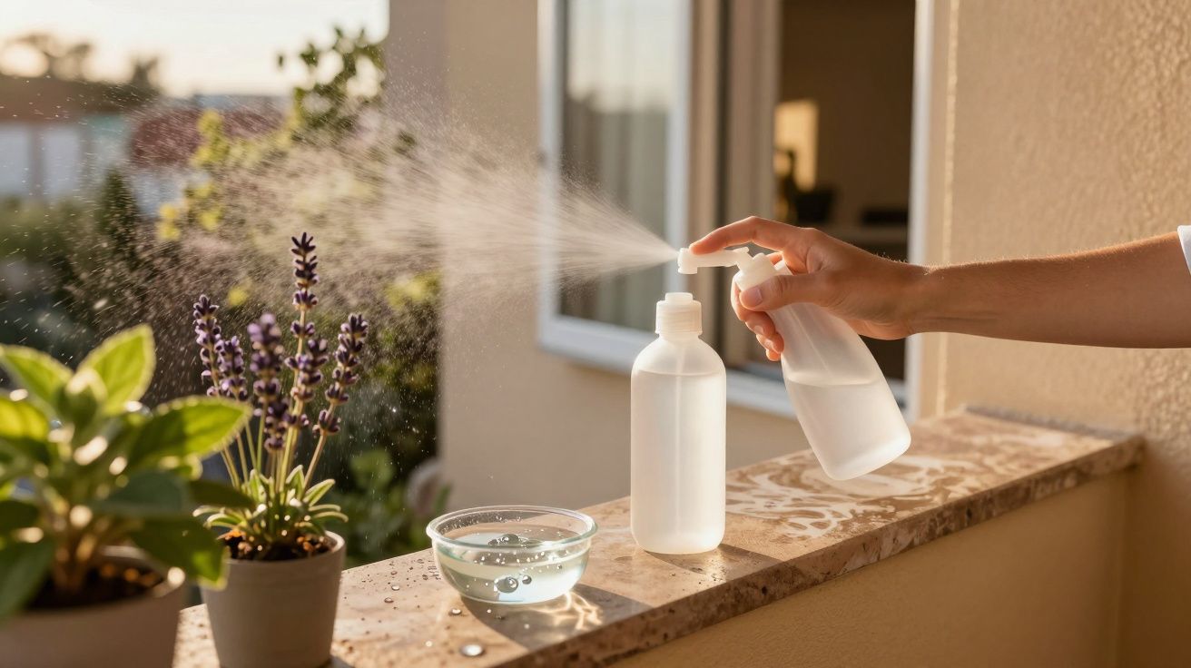 Mano rociando agua sobre plantas en una terraza soleada con una botella de spray.