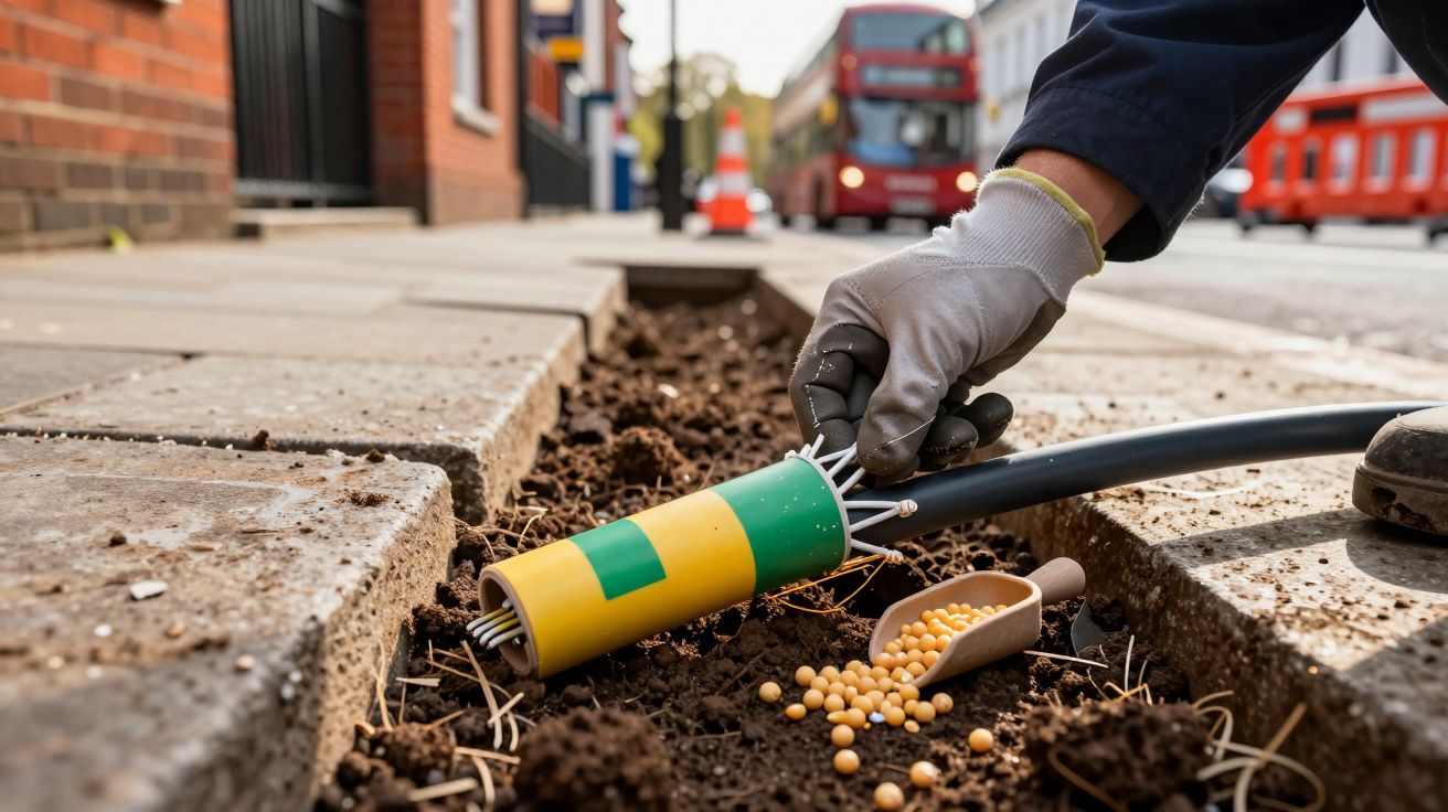Mano con guante instala cable subterráneo junto a una acera, cerca de autobús rojo borroso en una ciudad.