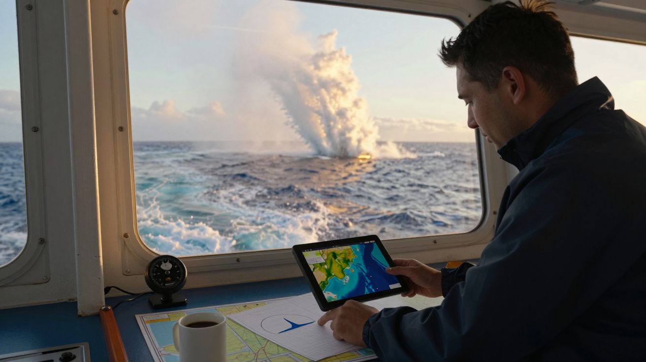 Hombre en barco con tableta, observando erupción de agua en el mar a través de la ventana.