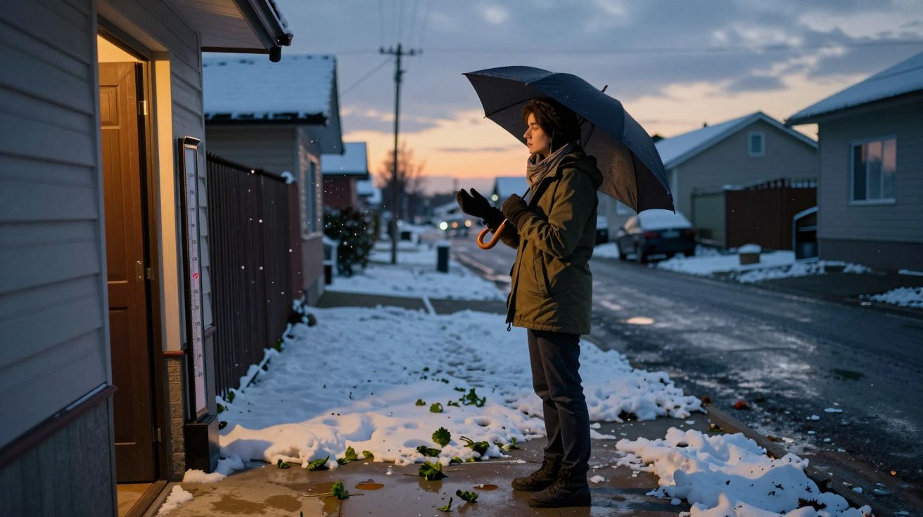 Persona con paraguas, frente a una puerta abierta, en una calle nevada al atardecer.