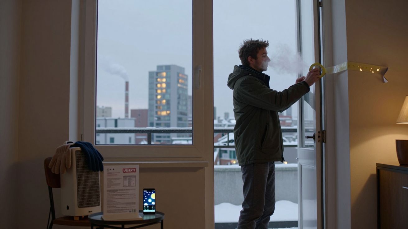 Hombre cerrando puerta de balcón durante el invierno, con un deshumidificador y móvil en una mesa a su lado.
