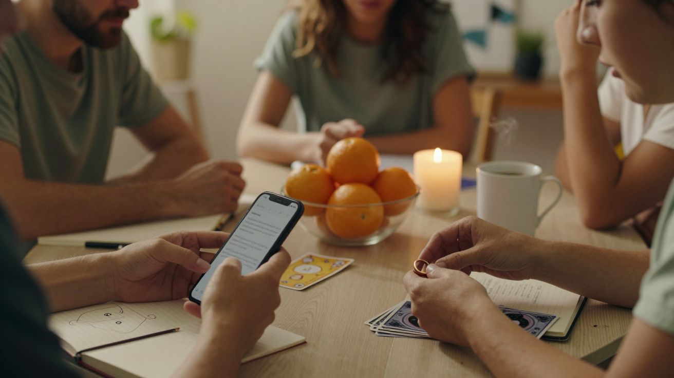 Personas reunidas alrededor de una mesa, con un móvil, cartas, vela encendida, taza de café y un bol de naranjas.