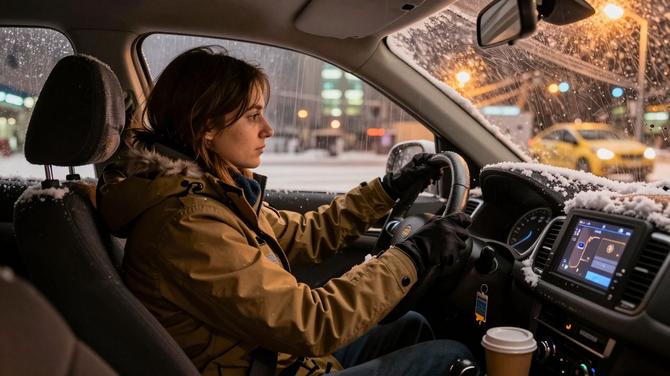 Mujer conduciendo un coche en una noche nevada. Lleva abrigo y guantes, con una bebida en el salpicadero.