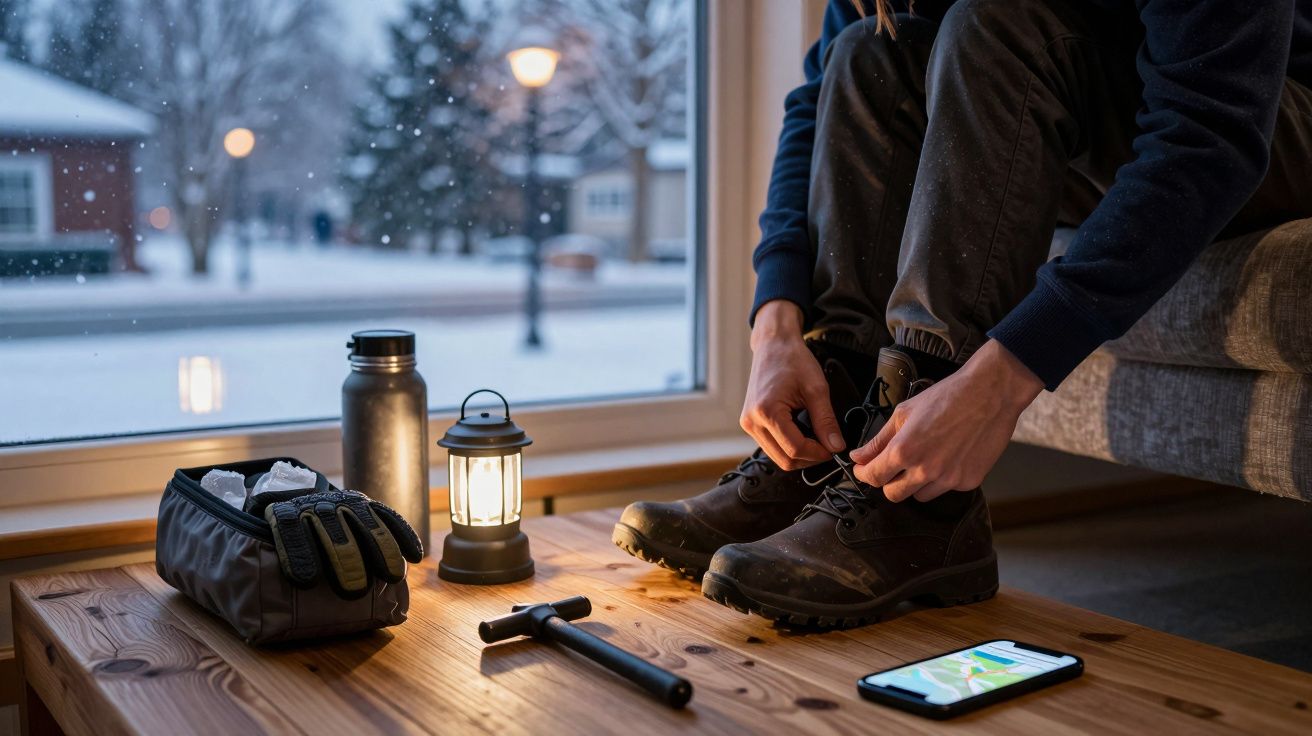 Persona en casa atándose botines de invierno. Mesa con linterna, botella, guantes, mapa y ventana con paisaje nevado.
