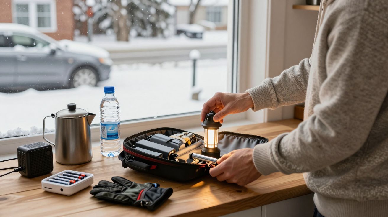 Persona organizando equipo de emergencia en una mesa junto a una ventana con nieve afuera.