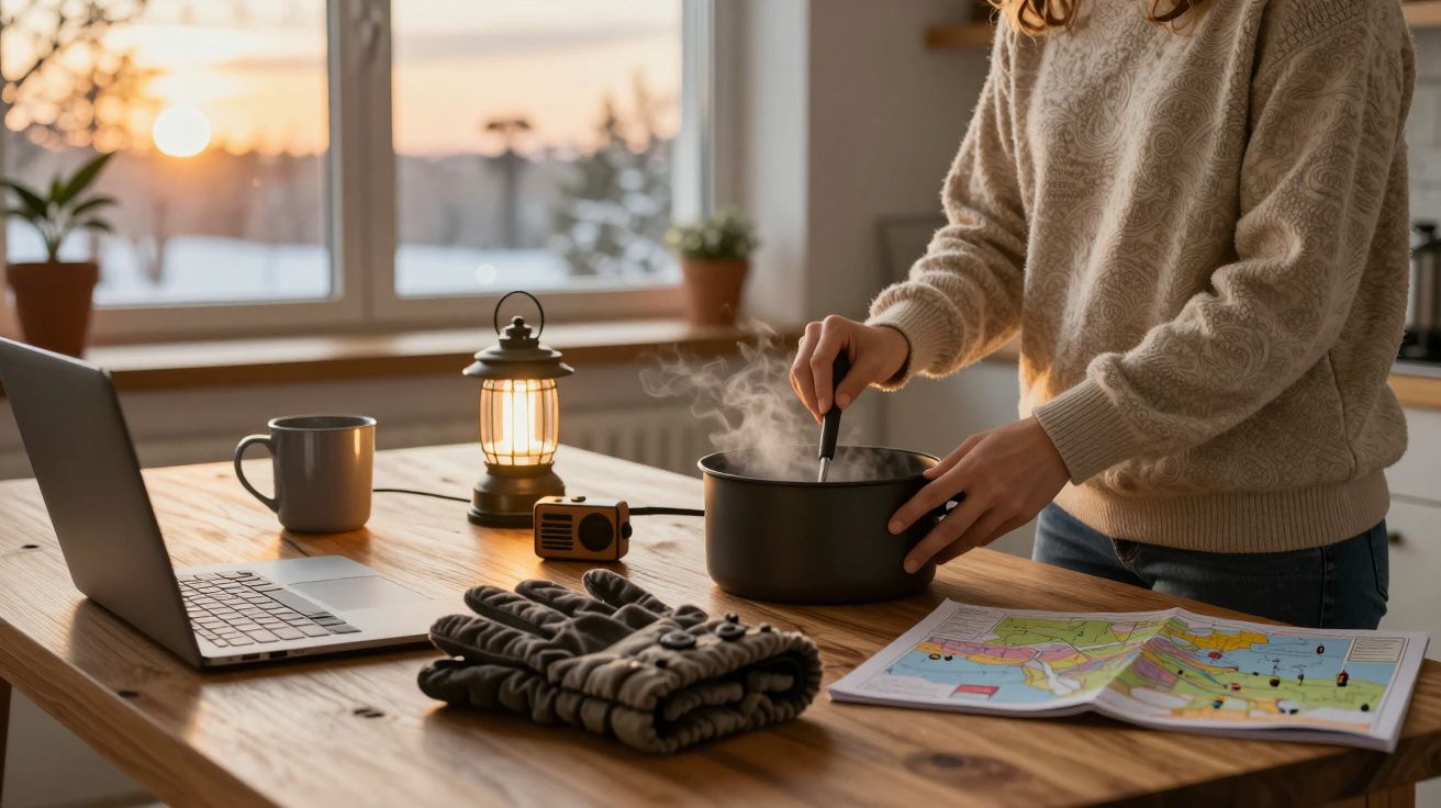 Persona cocinando en la mesa con portátil, mapa y lámpara, mientras anochece, en interior acogedor.